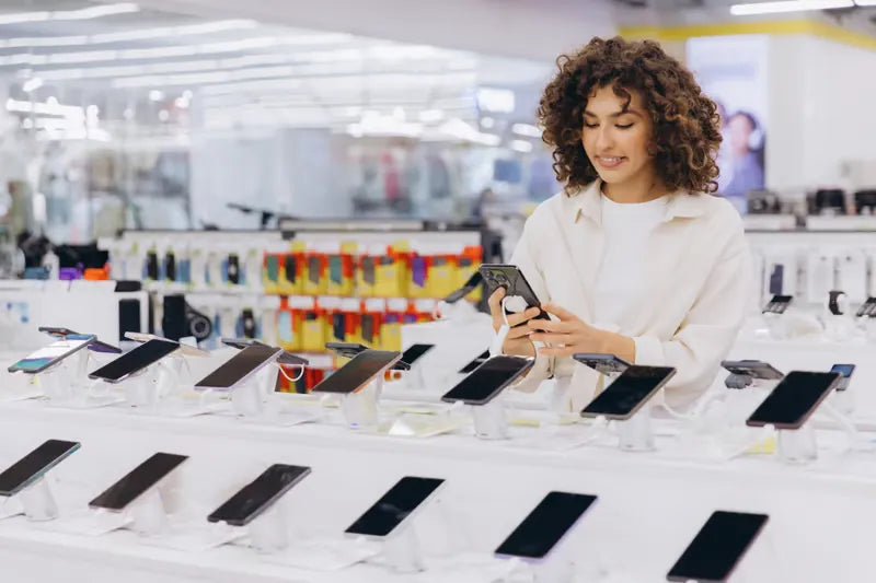 Woman checking a smartphone at a phone display in an electronics store