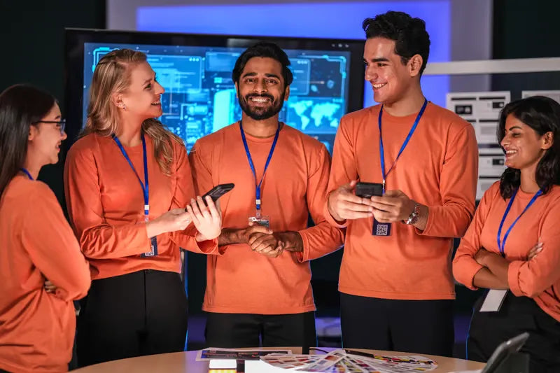 Team of employees in matching shirts holding smartphones